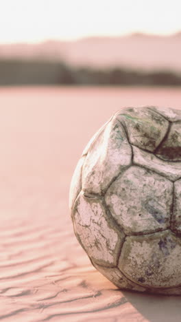 close-up of a worn soccer ball in the sand at sunset