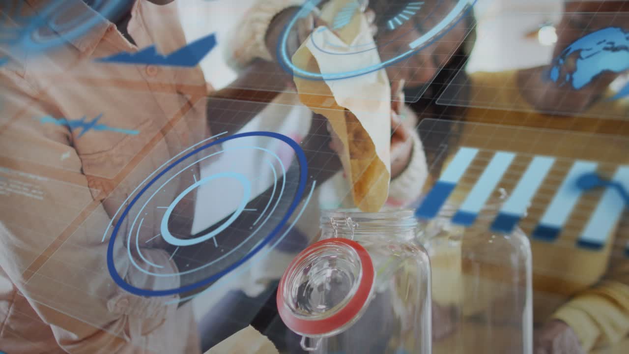 Mother tipping paper bag, filling glass jar in kitchen for snack storage, blue HUD tracking level