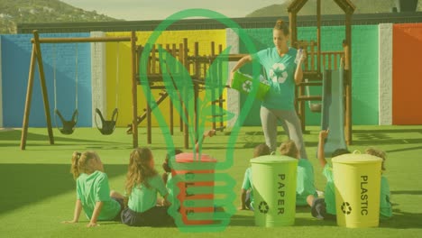 animación del icono de la bombilla sobre mujer caucásica con diversos hijos segregando residuos