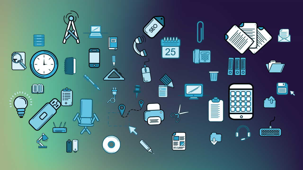 Animating office supplies and technology icons over gradient background