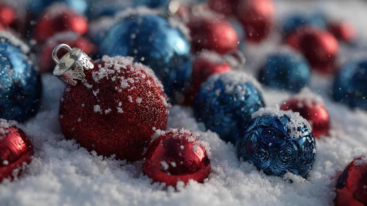 A Festive Display of Red and Blue Ornaments Nestled in a Blanket of Snow, Capturing the Essence of Winter Cheer and Holiday Spirit in a Colorful Scene