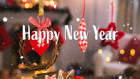 animation of happy new year text over snow falling and christmas decorations