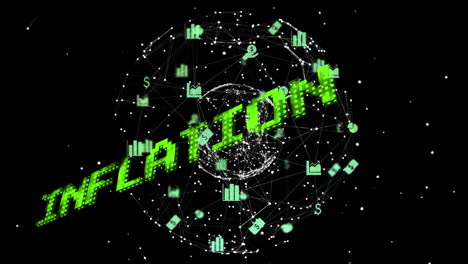 animación del texto de inflación en verde sobre la red global y los iconos comerciales procesamiento de datos