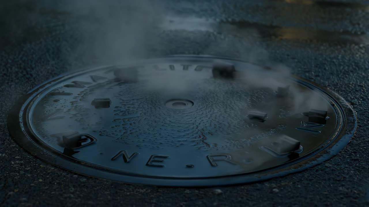 Manhole Cover with Steam on a Wet Street