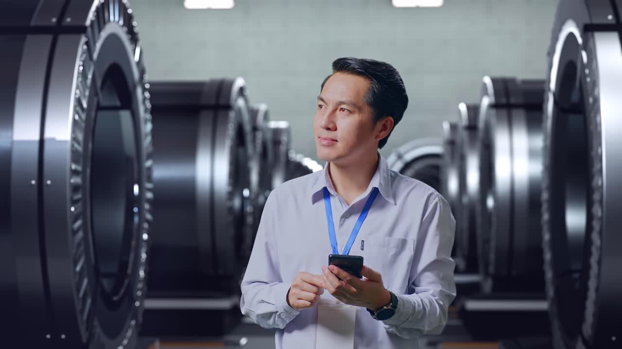 工場で携帯電話を見ているビジネスマン