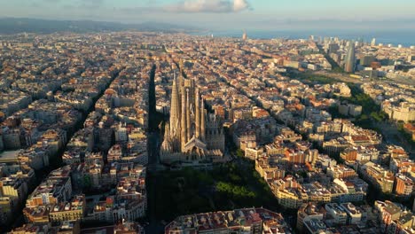 barcelona skyline and sagrada familia cathedral at sunset. catalonia, spain