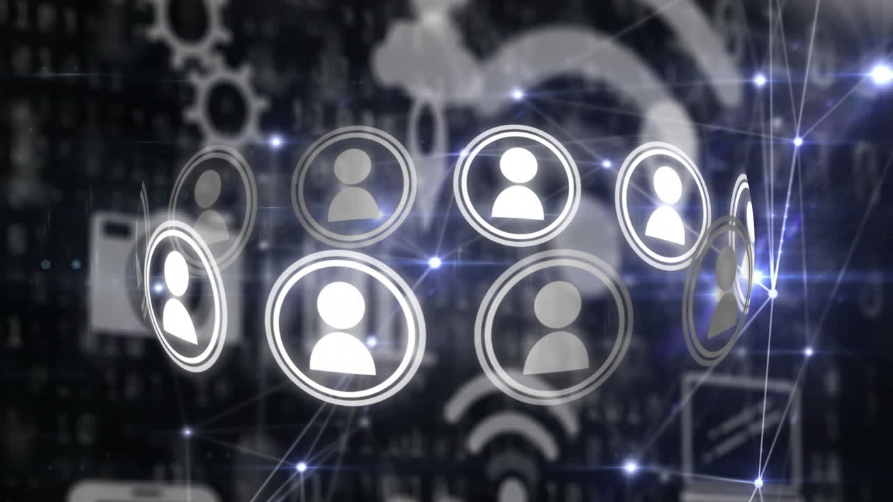animación digital de iconos de perfil girando y red de conexiones contra el procesamiento de datos