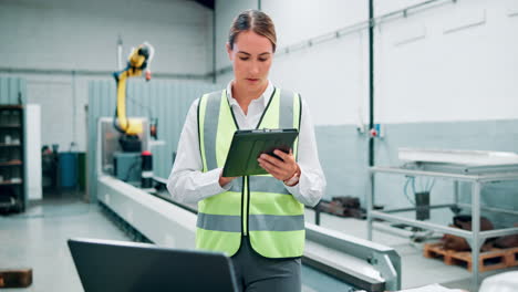 mujer inspeccionando las operaciones de la fábrica con tableta y chaleco de seguridad