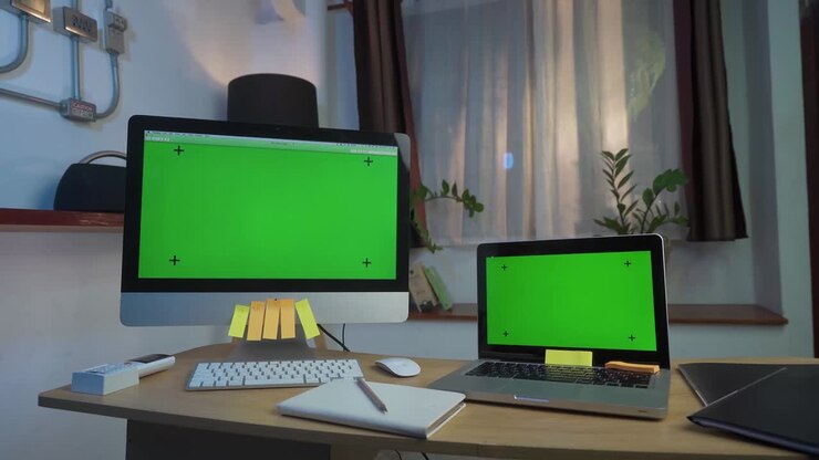 Computer portatile e computer desktop che mostrano uno schermo con chiave verde, posizionati su una scrivania nel soggiorno. Zoom indietro fluido. Sullo sfondo, un accogliente soggiorno di sera con luci calde accese
