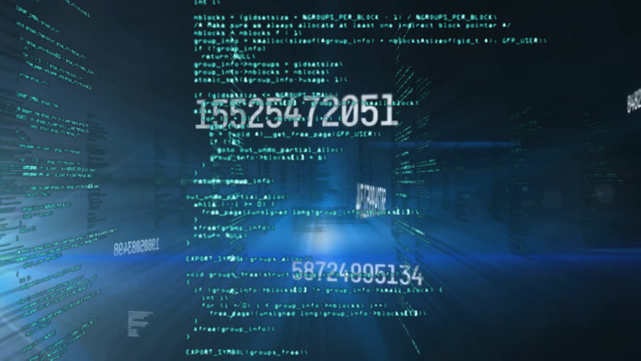 Animation of data processing over light trails on black background