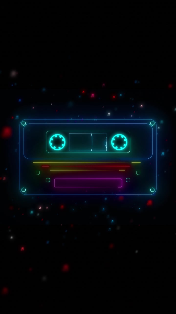 Immagine audio di cassetta retrò colorata con linee al neon, note musicali fluttuanti e sfondo nero luminoso.