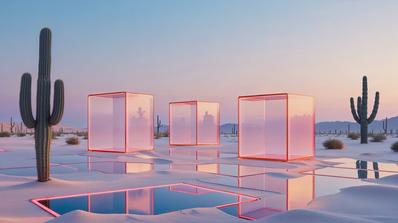 Surreal Desert Landscape with Glowing Transparent Cubes