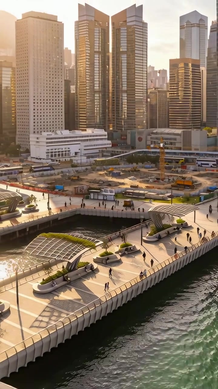 Vertical video: Panning drone showing pier walkway visitors in jackets walking by railings