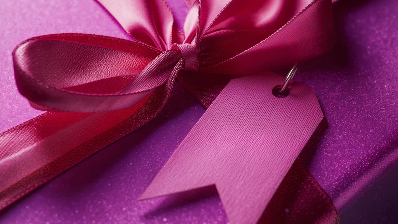 Starting shot showing purple gift box sitting on tabletop, highlighting pink ribbon bow and tag