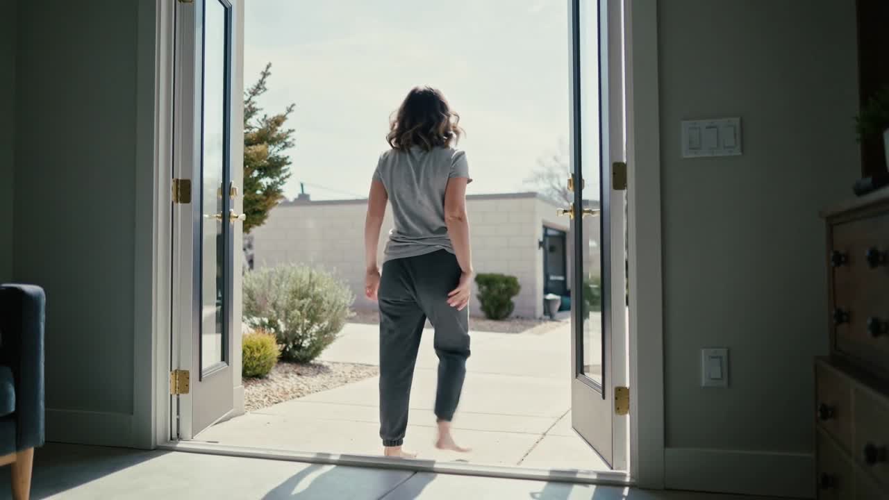 Placing hands on laptop, woman in gray-tee, joggers at home rising, opening doors, stepping outside