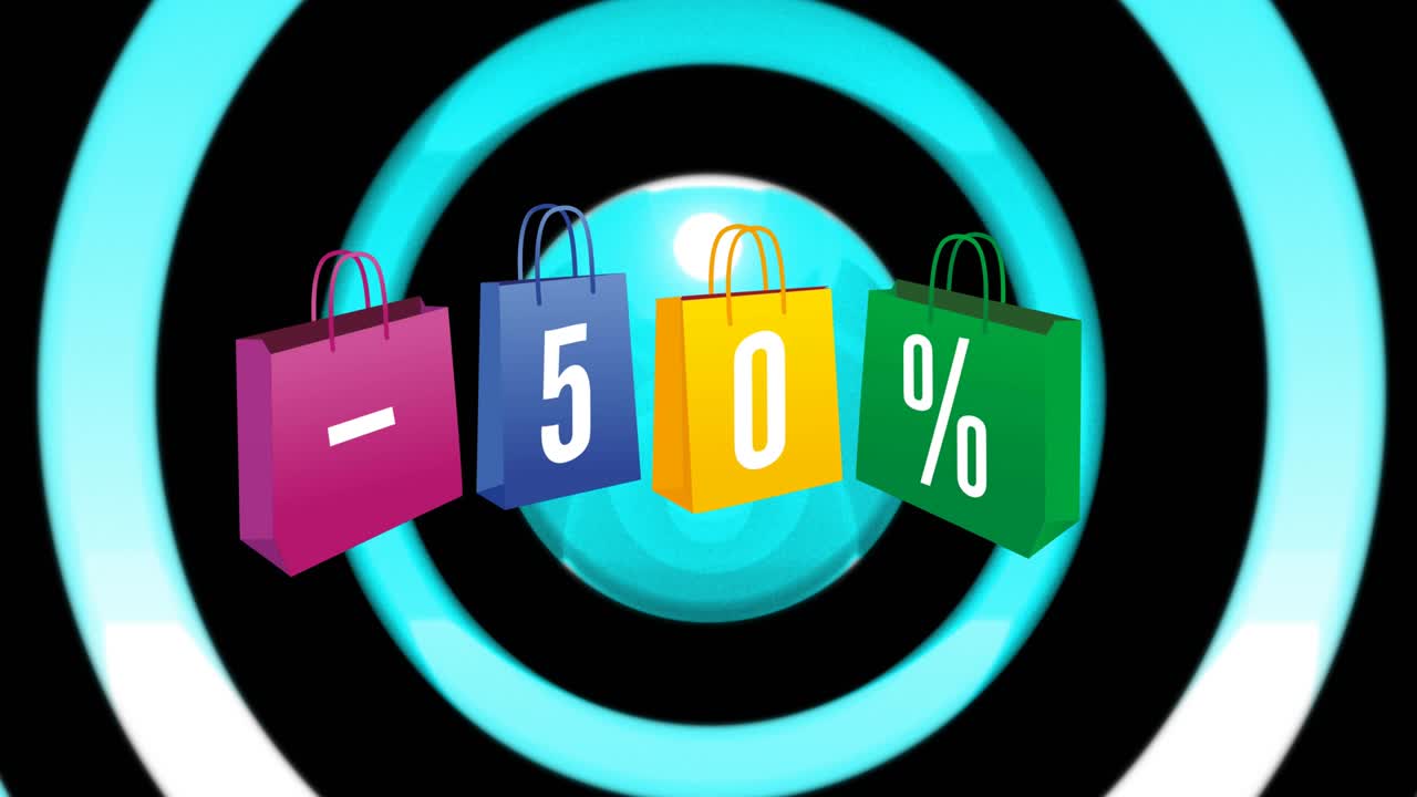 animación de círculos coloridos y texto de venta del 50 por ciento en bolsas de compras