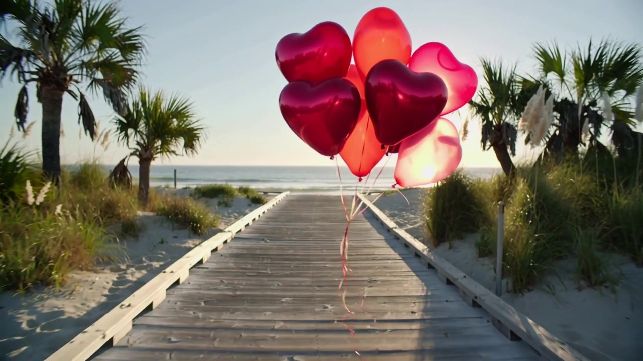 Grappolo ondeggiante di palloncini metallici a forma di cuore, mossi dalla brezza, che fluttuano sopra la passerella, illuminati dal sole.