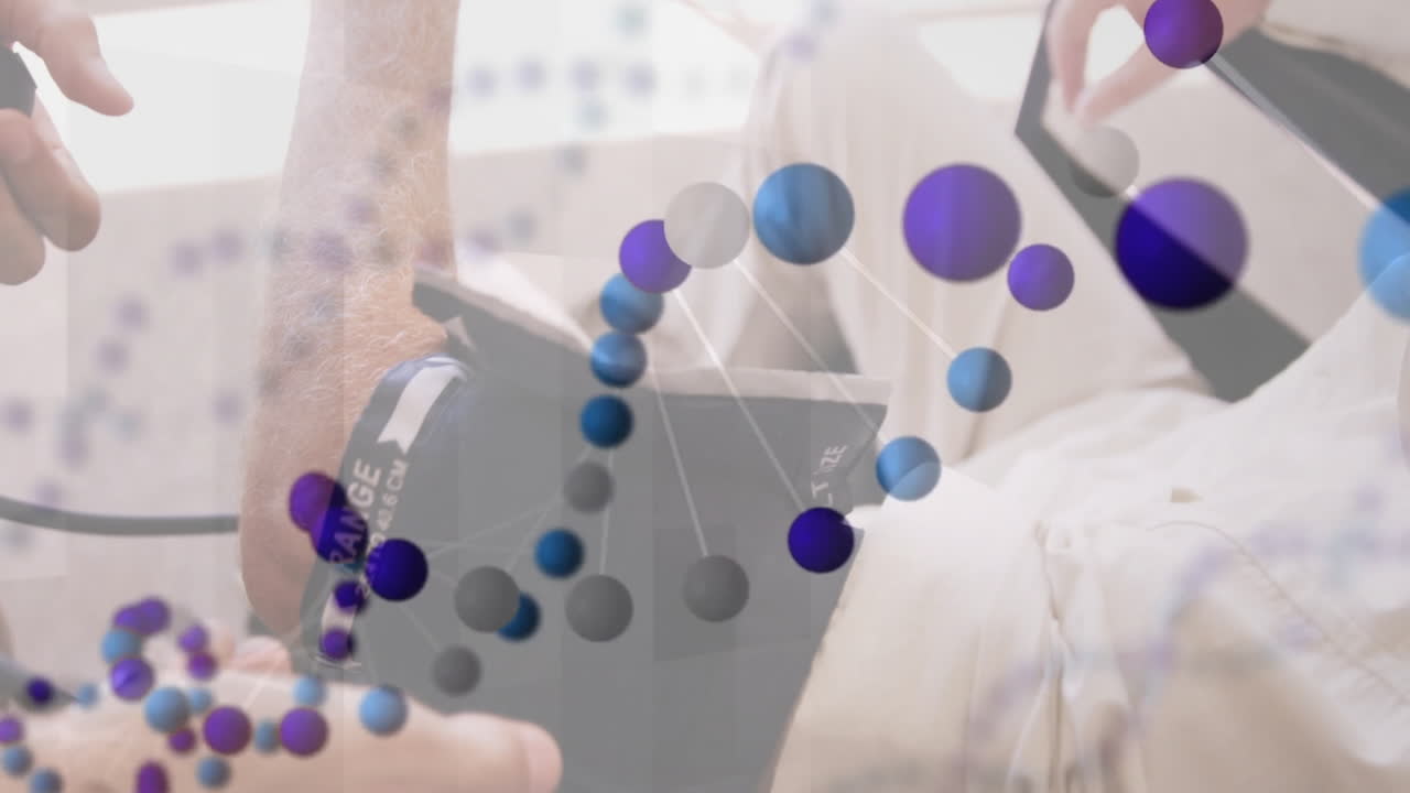 Medical doctor measuring arm blood pressure using stethoscope showing blue-purple molecular overlay