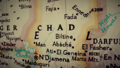 close-up of a map of chad and surrounding african countries