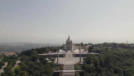 Aerial-panoramic-view-of-the-hilltop-Sameiro-Sanctuary,-Braga,-Portugal