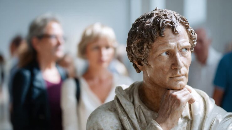 A Thoughtful Marble Bust in a Gallery Surrounded by Museum Visitors, Capturing the Essence of Art and Contemplation in an Elegant Space