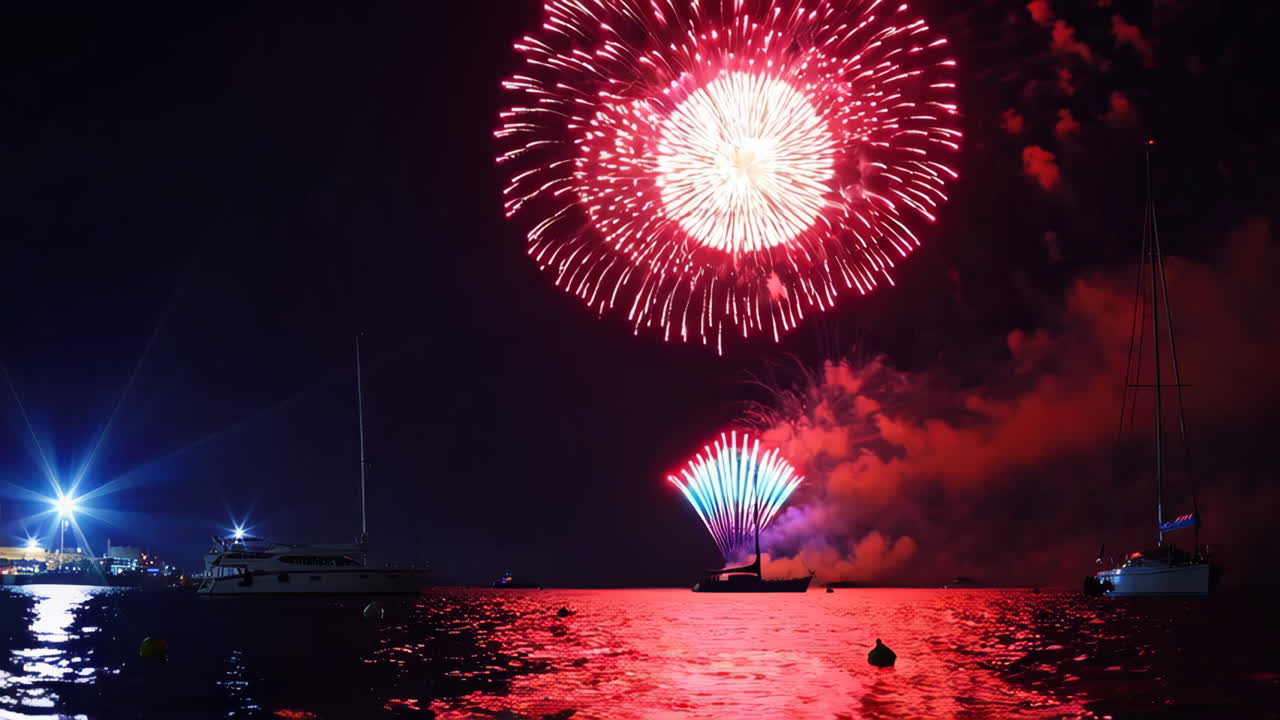 Fireworks over the water with boats
