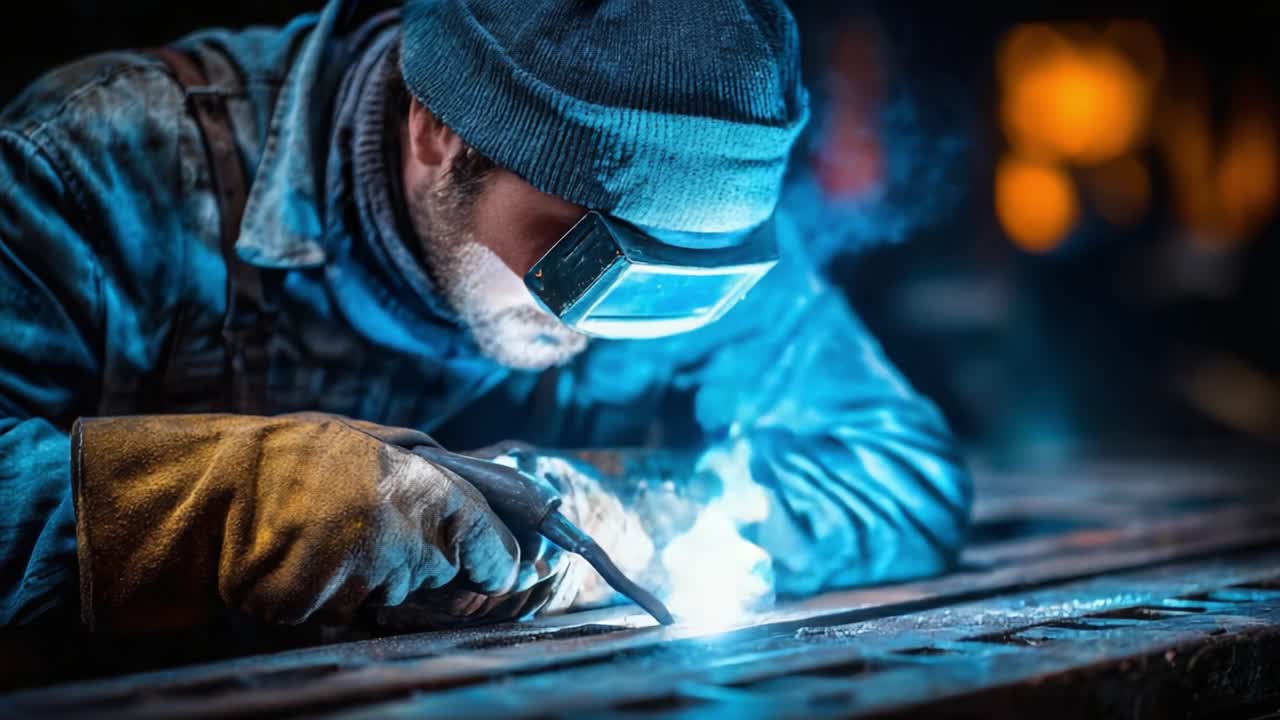 A Dedicated Craftsperson Engaged in Precision Welding, Showcasing Mastery in Metalwork with Sparks Illuminating the Workshop Atmosphere