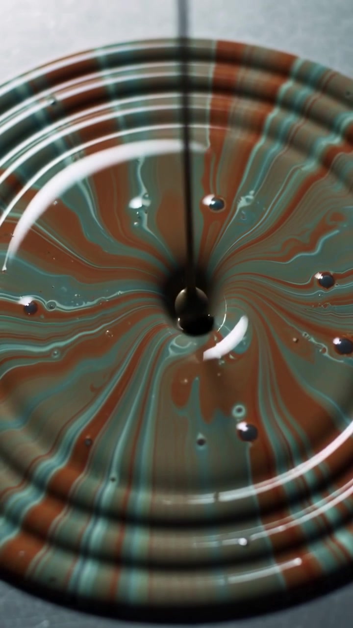 Vertical video: Droplet forming at nozzle, paint hitting ridged lid on studio table, building rings