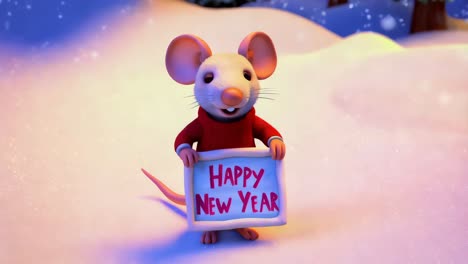 cute cartoon mouse holding a happy new year sign in the snow