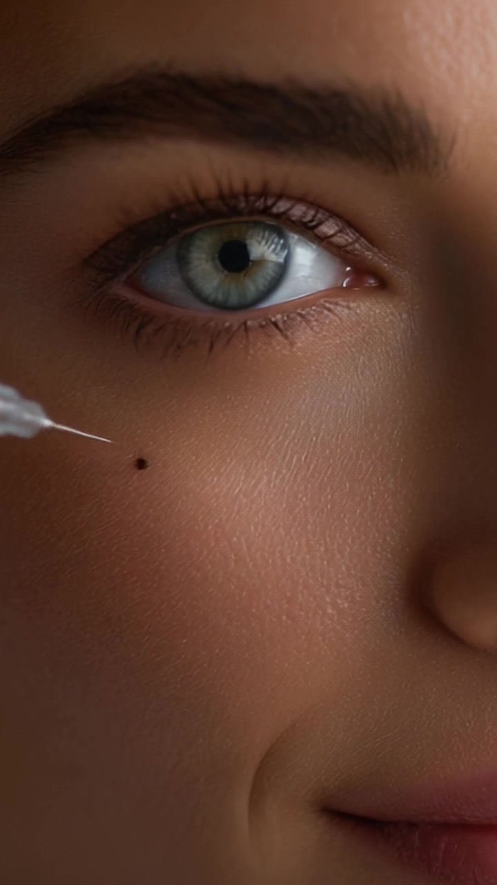 Primo piano dell'occhio e del viso di una donna con una siringa che si prepara per un trattamento cosmetico focalizzato sulla bellezza e sui miglioramenti estetici.