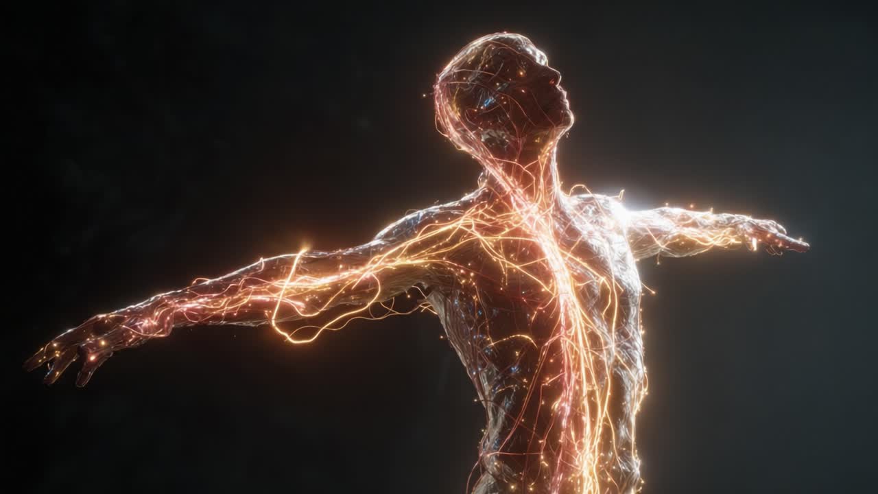 A Stunning Visualization of a Human Figure Immersed in Energy, Embodying Motion and Light, Capturing the Essence of Vitality and Technological Innovation in a Darkened Surrounding