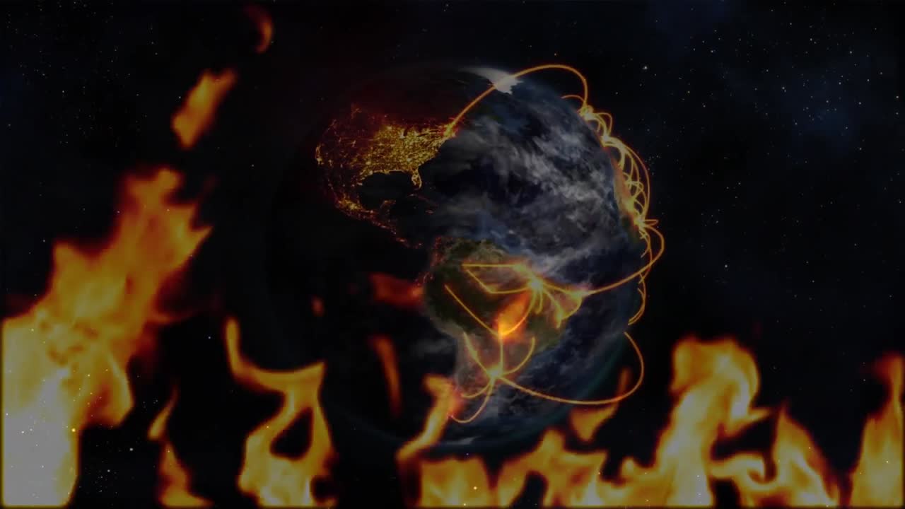 노란 불꽃 을 가진 회전 하는 지구