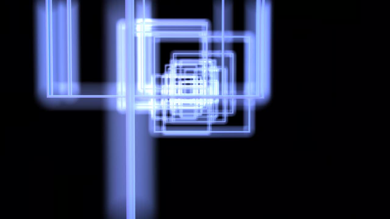 Blue neon squares, glowing moving streams of light, all around. Abstract animation on a black background.