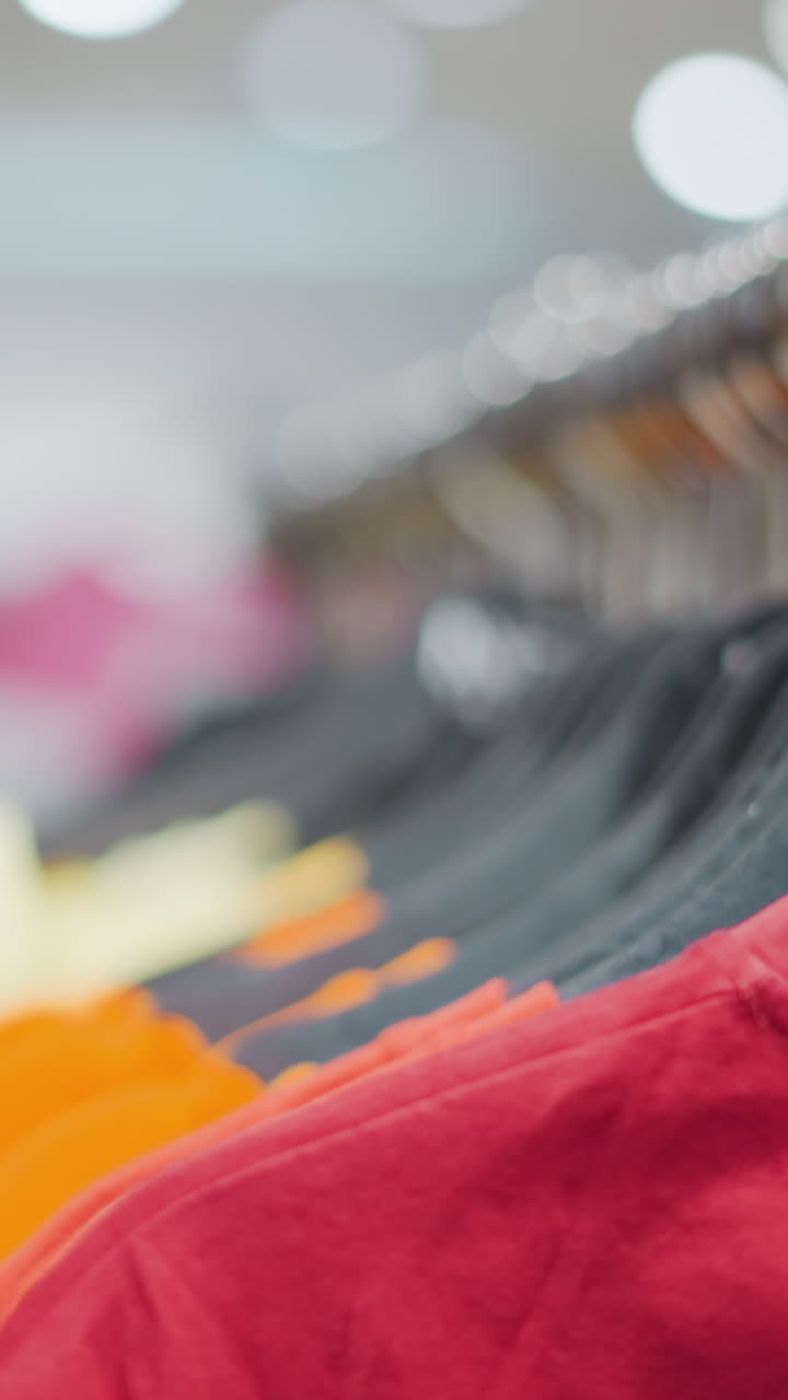 소매점에서 끔하게 배열된 어리에 있는 다채로운 옷의 클로즈업, 생동감 넘치는 빨간색, 노란색, 오렌지색 의류가 초점, 흐릿한 배경은 쇼핑객이 탐색하는 특징을 보여줍니다.