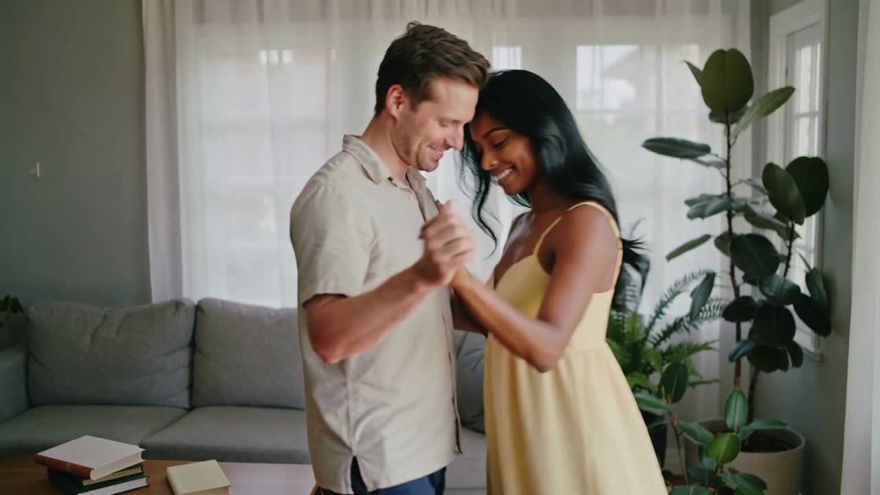 Coppia che ondeggia tenendosi per mano, condividendo un tenero ballo in salotto, lei in vestito giallo, lui in camicia beige, con piante.