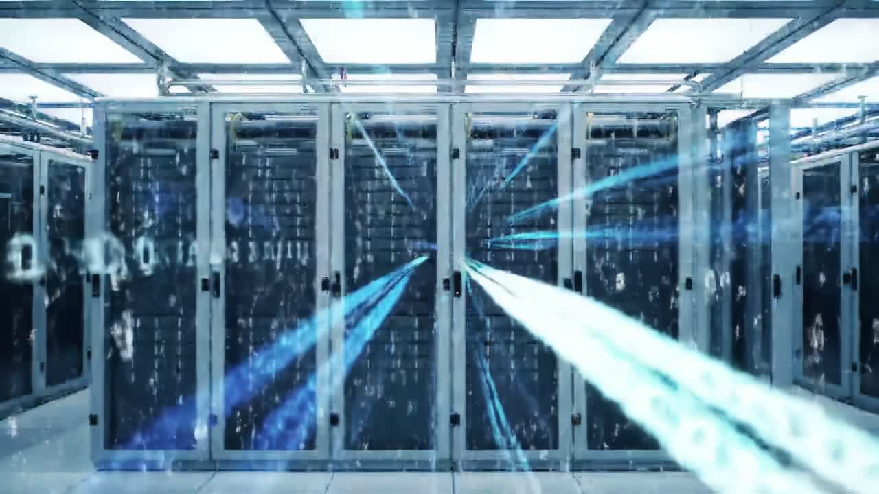 This location features a high-tech data center with rows of servers, showcasing blue data streams that symbolize information flow and processing. It's a hub for digital infrastructure.