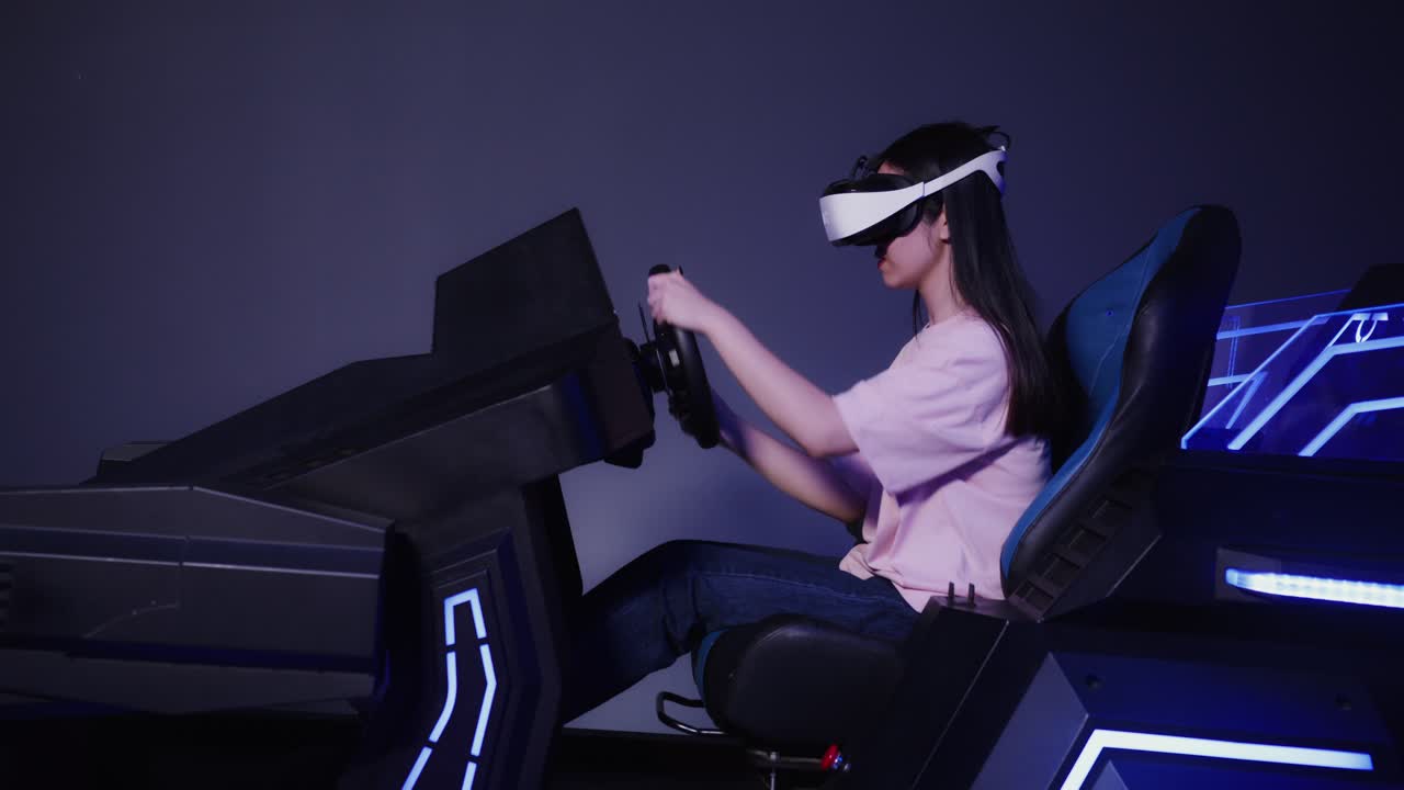Woman experiencing VR driving simulator