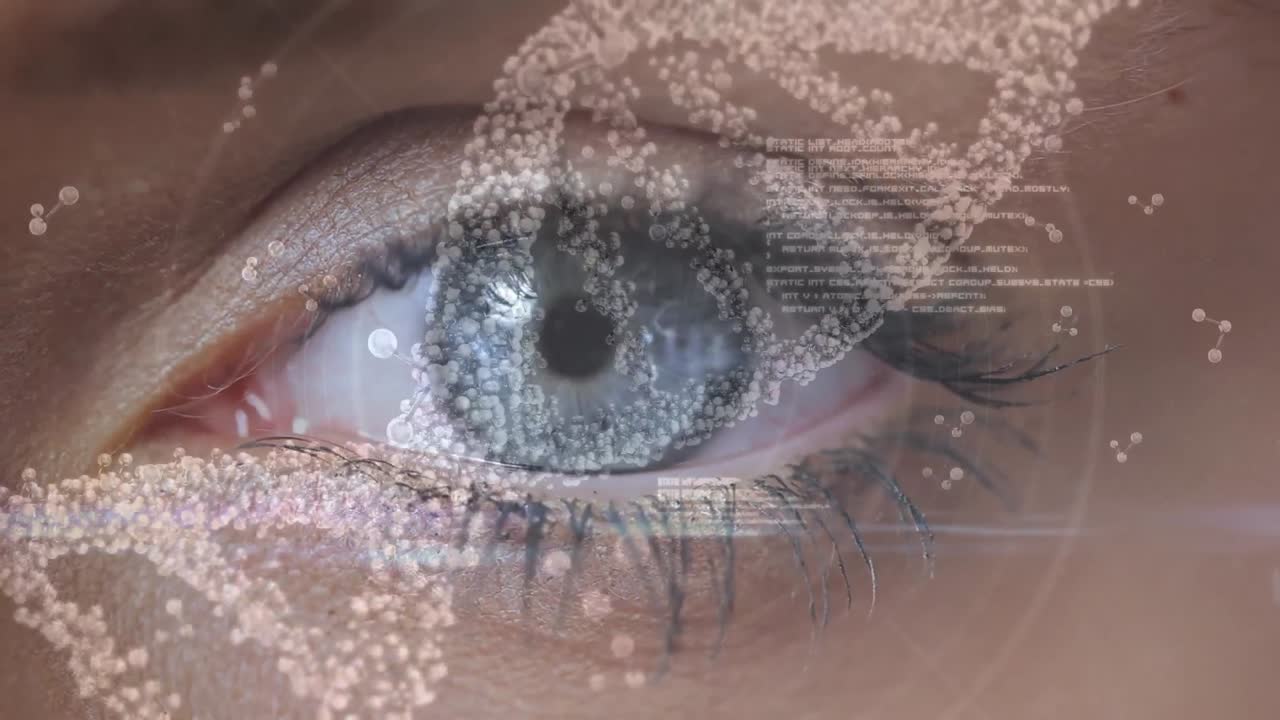 molécula espiral de adn con fondo de ojos azules