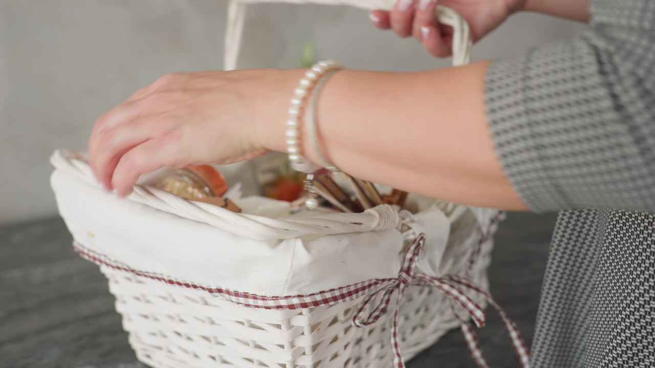 Close up of lady in plaid dress dropping white gift basket with different items onto table and reaching inside to pick an item cozy kitchen environment visible with marble surface