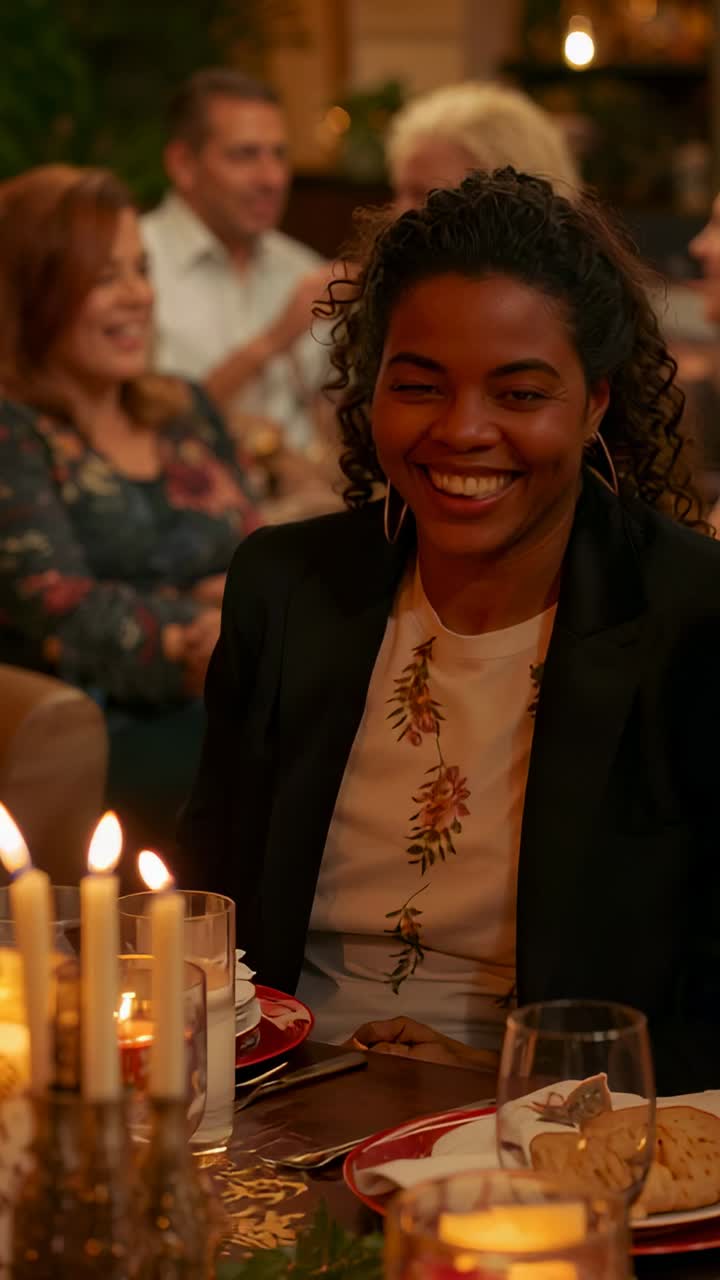 Vertical video: Smiling woman in black blazer reacting to guest remark at dinner with lit candles