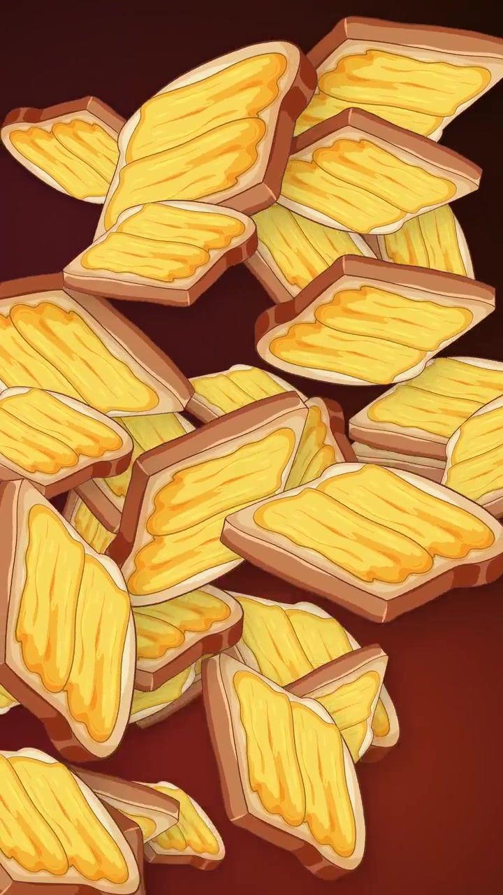 Cartoon buttered toast slices fall and tumble through the air against a dark red background.