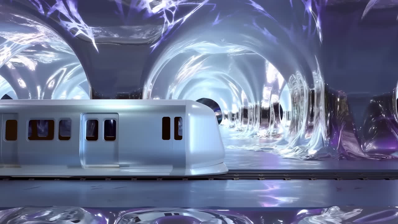 Elegancki futurystyczny pociąg w opalizującym tunelu, sunący obok lustrzanych chromowanych łuków pod purpurowo-niebieskim neonem.