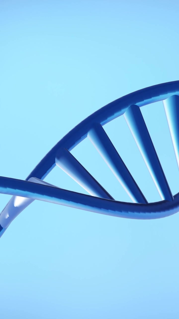 Animazione di una doppia elica di DNA che ruota con spazio per il testo su sfondo blu.