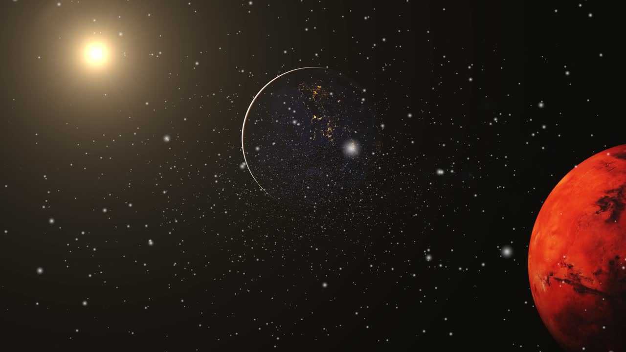 sistema solar, planeta tierra y otros dos planetas contra el fondo del sol en el espacio