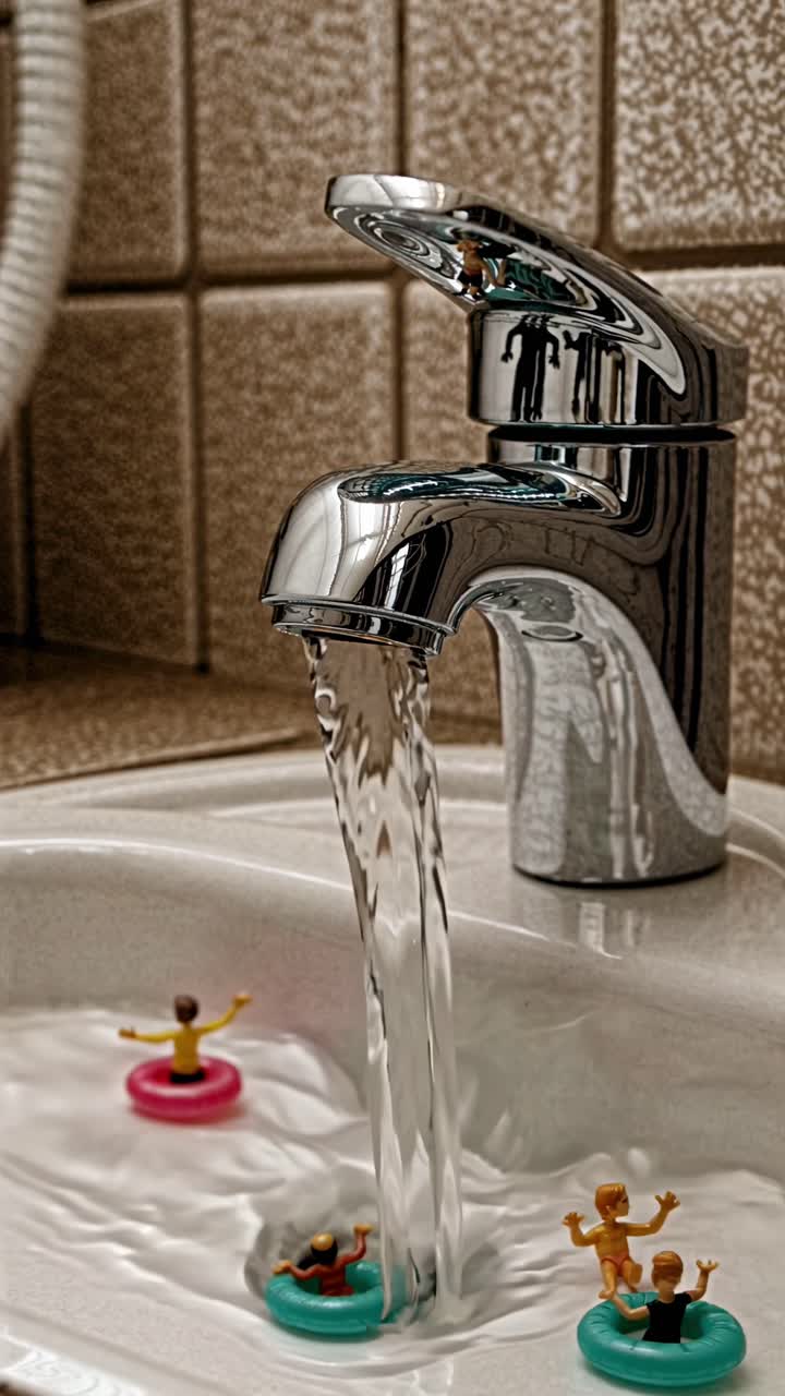Miniature figurines depicting people delighting in a refreshing waterfall cascading from a faucet into a bathroom sink, creating a whimsical and imaginative scene filled with fun