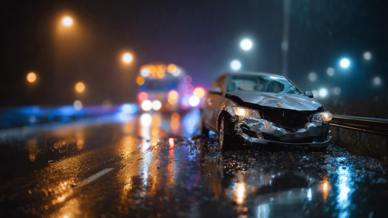 Aftermath of a Severe Car Accident at Night on a Rainy Road with ...