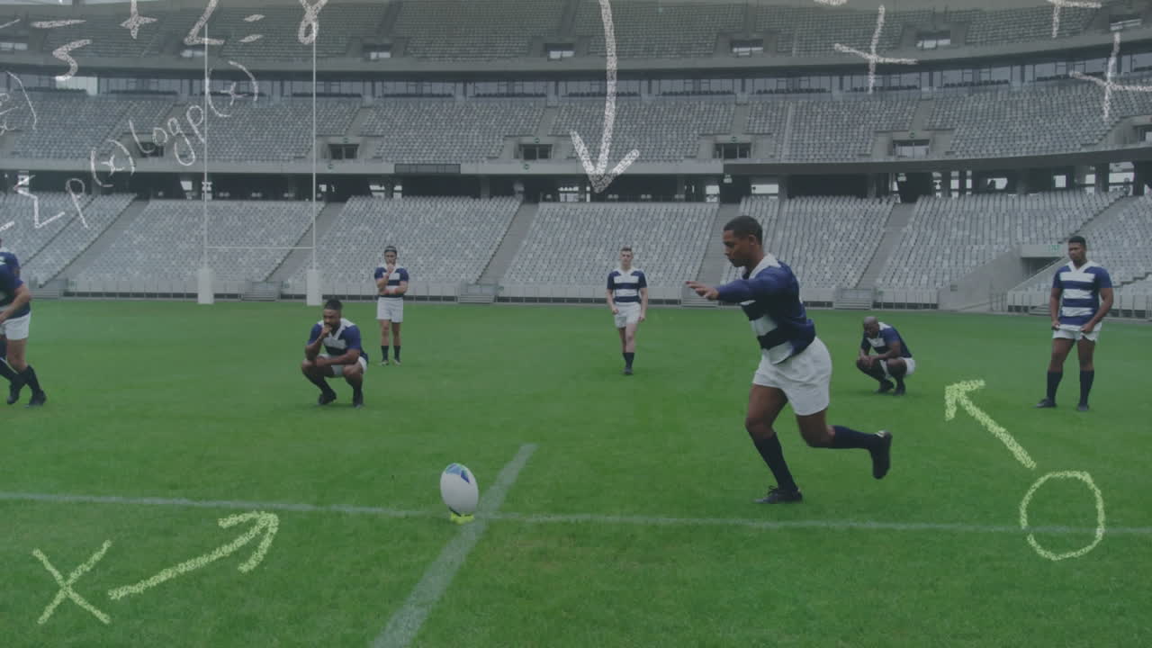 Animation of tactics and game plan over biracial male rugby player kicking a ball with his teammat