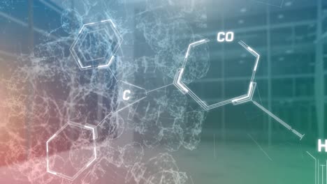 animation of chemical formula over shapes with connections and modern building