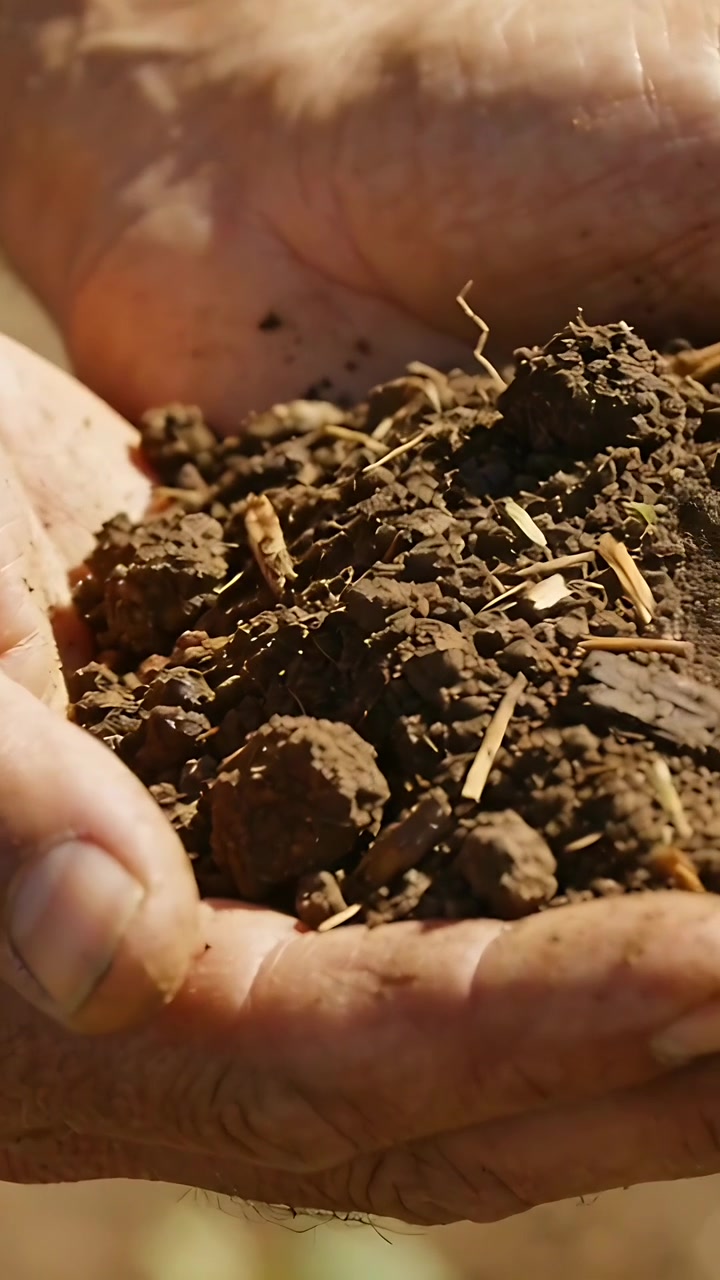 Video verticale: Mani anziane che spostano zolle di terra con paglia in un campo soleggiato per test.