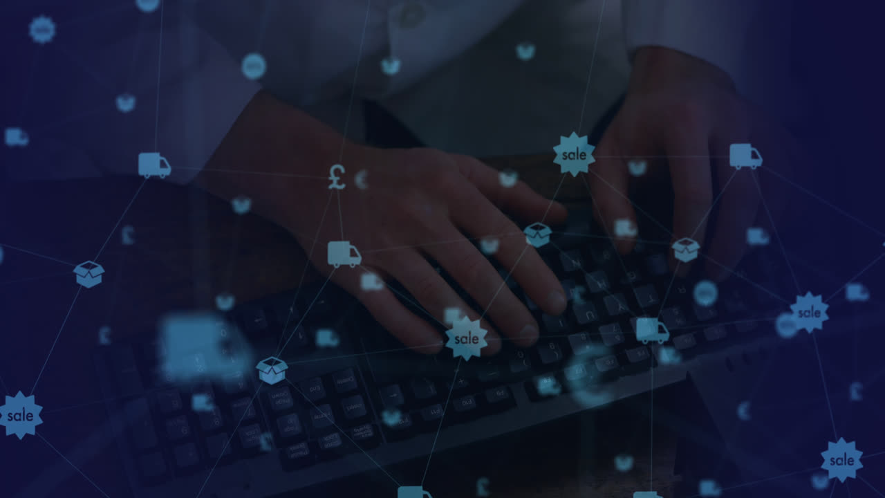 Network of connection icons against person typing